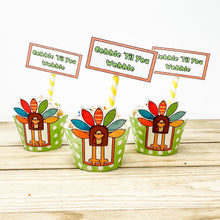 Load image into Gallery viewer, PRINTABLE Thanksgiving Cupcake Label "Gobble 'Til You Wobble" (Printable Thanksgiving Treat Label and Gift Idea for Kids!)