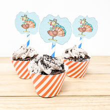 Load image into Gallery viewer, PRINTABLE Thanksgiving Cupcake Label "Striped Turkey" (Printable Thanksgiving Treat Label and Gift Idea for Kids!)
